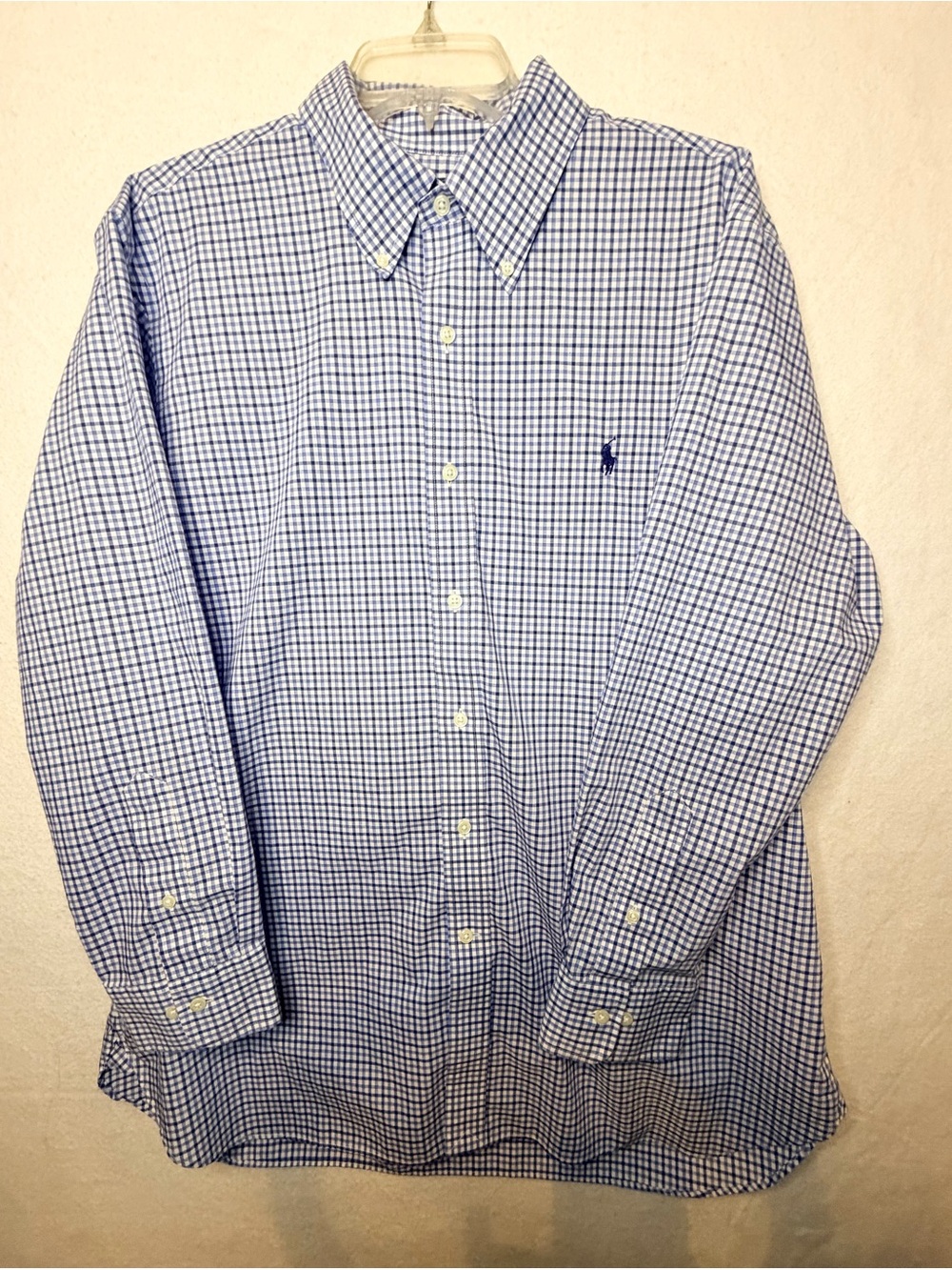 Polo Ralph Lauren Dress Shirt Mens 17 32/33 Blue White Gingham Cotton Stretch XL
